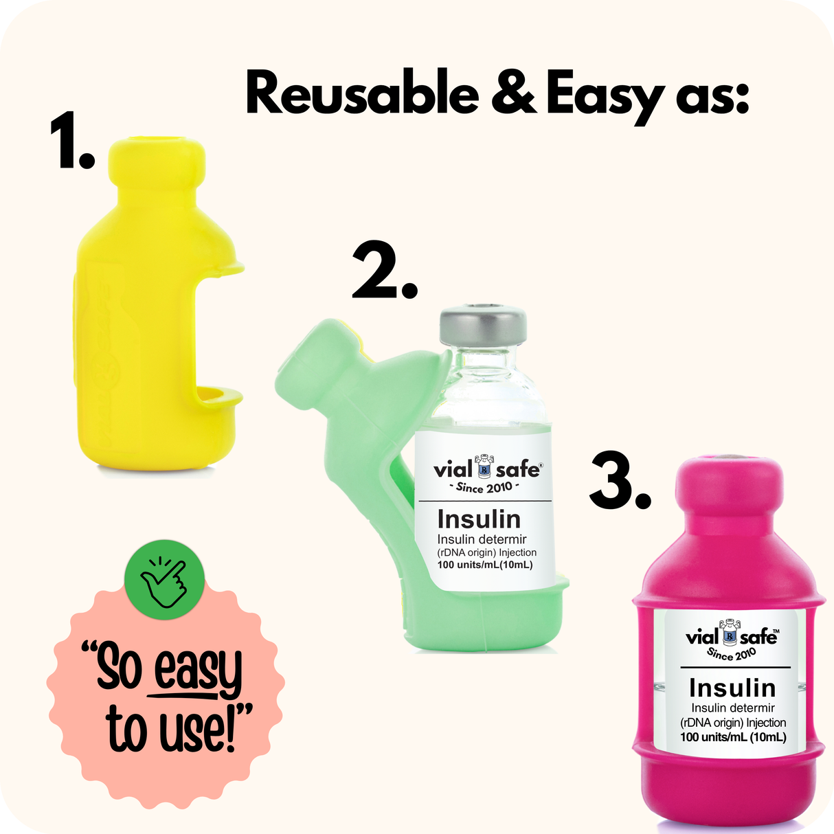 Three insulin vials with Vial Safe insulin vial protectors background, featuring the text 'Reusable & Easy as 1,2,3' and 'vial safe' branding.