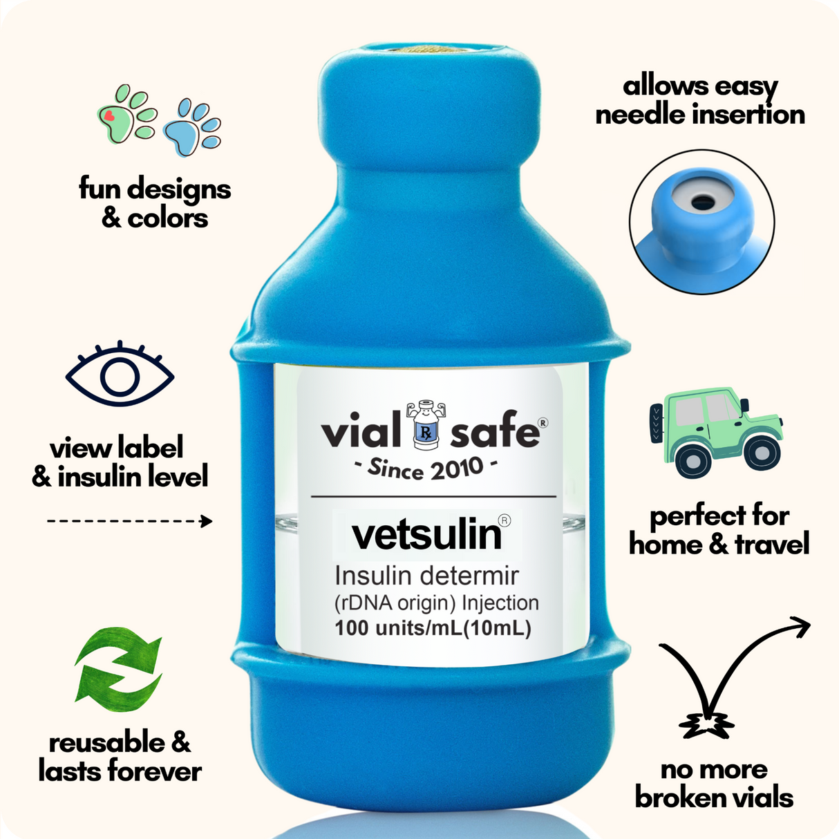 Light blue color Vial Safe for Pets insulin vial protector with 'vial safe' label and Vial Safe selling features on white background.