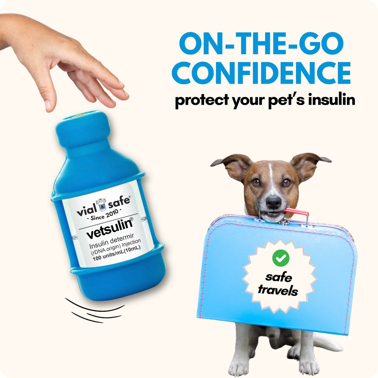 Light blue Vial Safe for Pets insulin vial bottle with a dog in a suitcase, promoting 'On-the-Go Confidence' for pet insulin safety. Great for Travel.