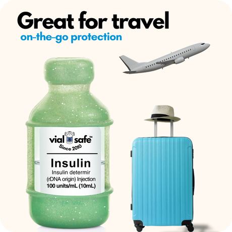 Glitter Green Vial Safe insulin vial protector, blue suitcase, and airplane highlighting that Vial Safe is great for travel