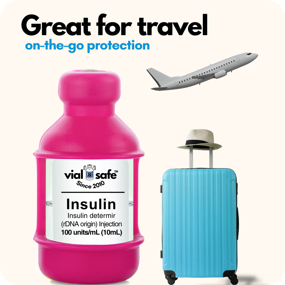 Raspberry Sorbet color Vial Safe insulin vial protector, blue suitcase, and airplane with 'vial safe' branding on a white background.