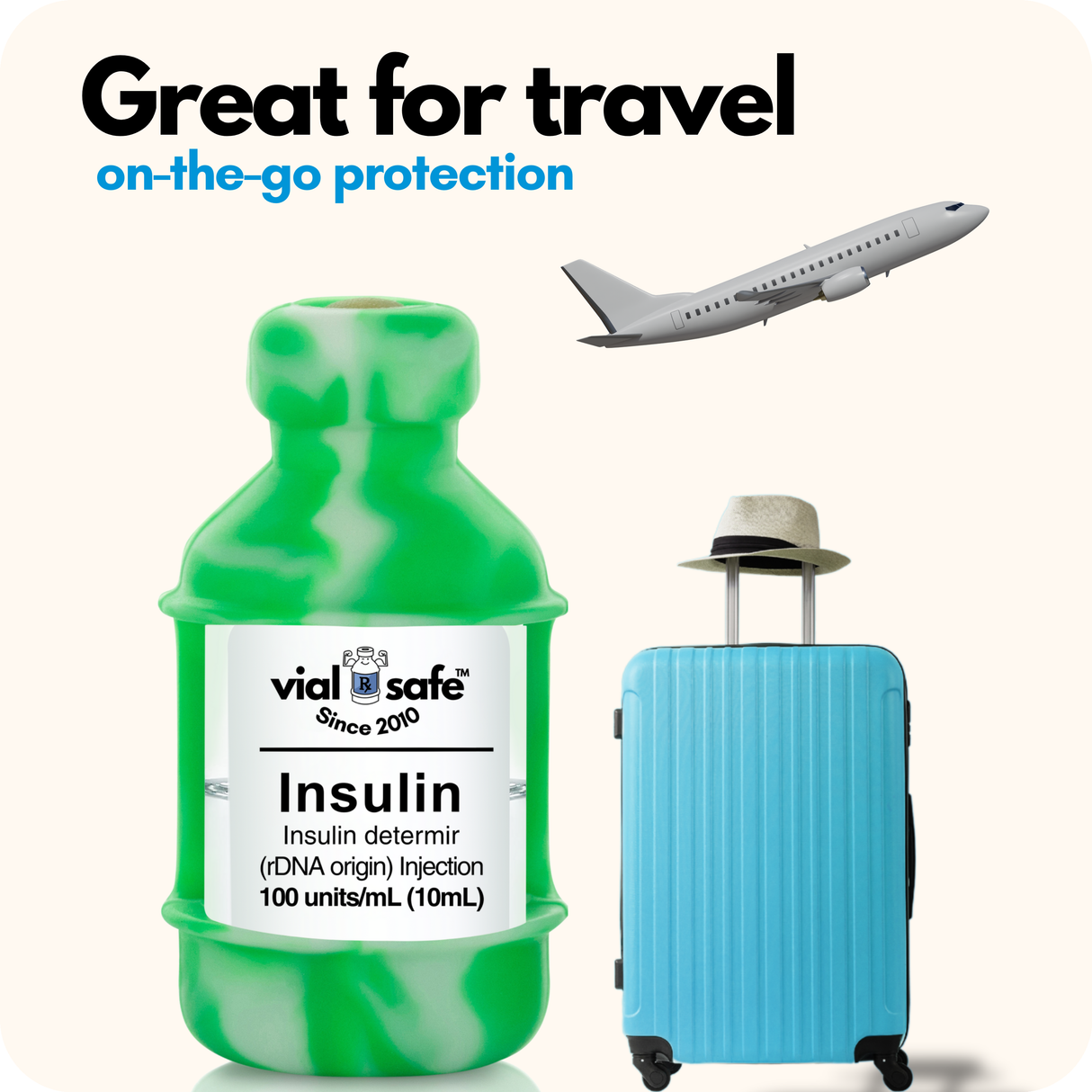 Tie Dye Green color Vial Safe insulin vial protector, blue suitcase, and airplane with 'vial safe' branding on a white background.