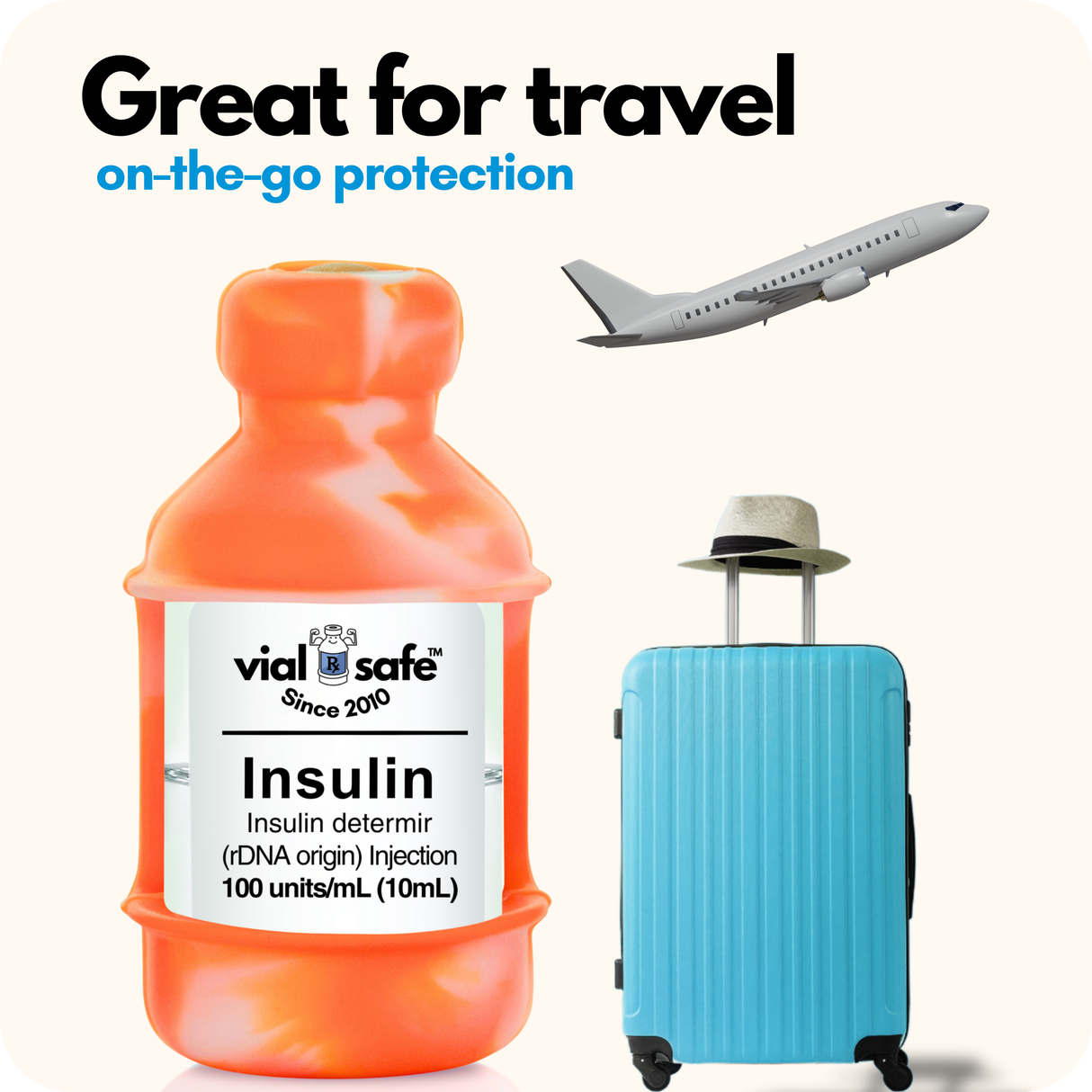 Tie Dye Orange color Vial Safe insulin vial protector, blue suitcase, and airplane with 'vial safe' branding on a white background.