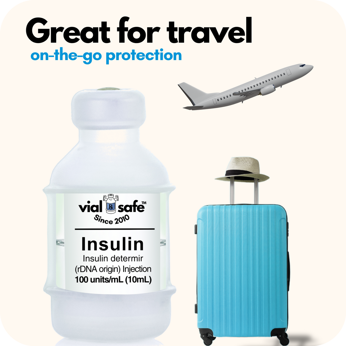 Clear color Vial Safe insulin vial protector, Light blue suitcase, and airplane with 'vial safe' branding on a white background.
