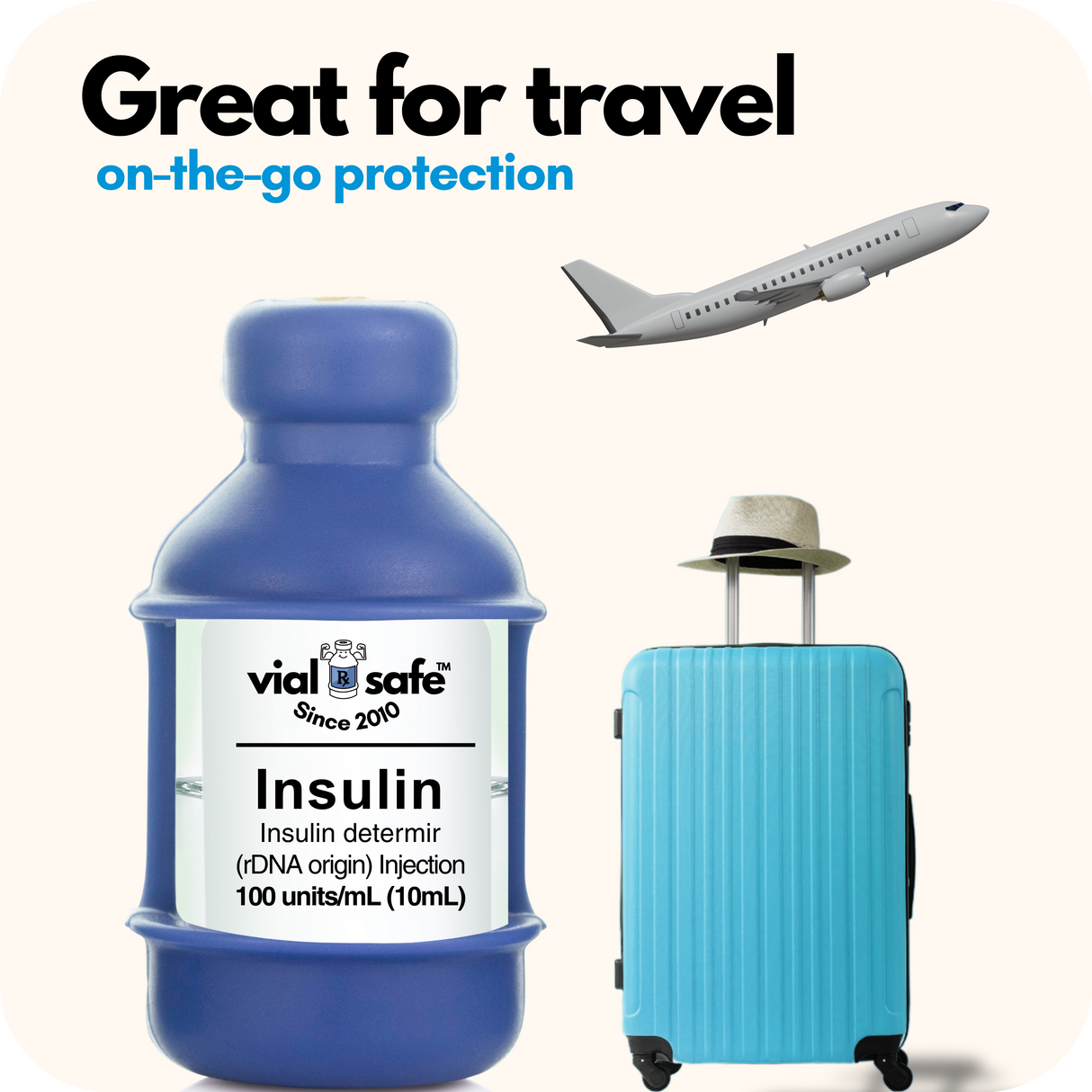 Navy blue color Vial Safe insulin vial protector, blue suitcase, and airplane with 'vial safe' branding on a white background.