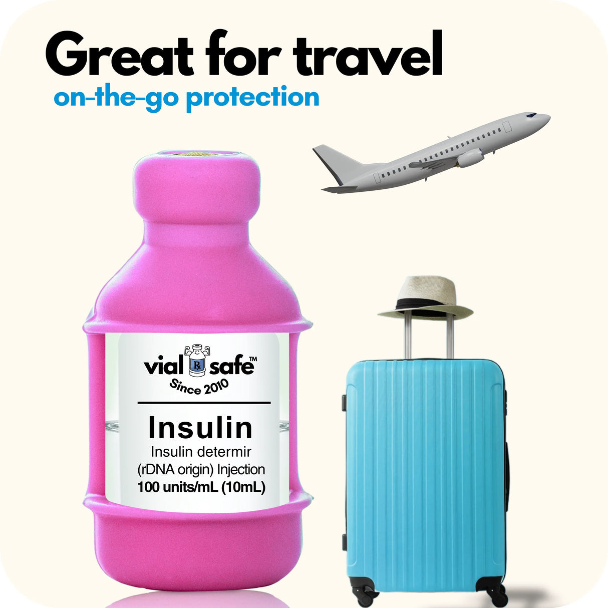 Pink color Vial Safe insulin vial protector, blue suitcase, and airplane with 'vial safe' branding on a white background.