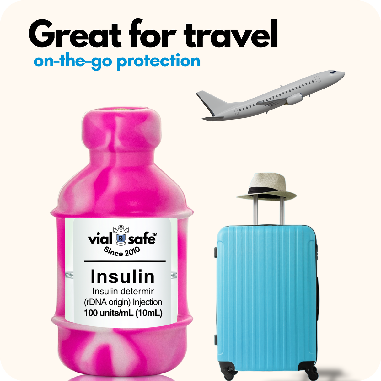 Tie dye pink Vial Safe insulin vial protector, Light blue suitcase, and airplane with 'vial safe' branding on a white background.