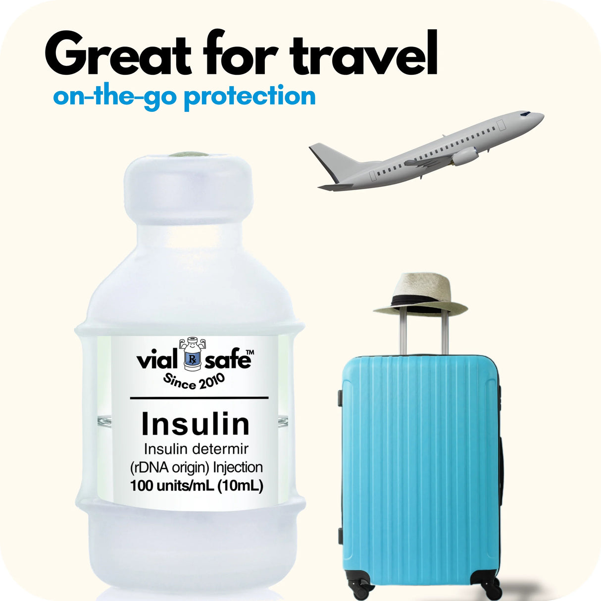 Original clear color Vial Safe insulin vial protector, blue suitcase, and airplane with 'vial safe' branding on a white background.