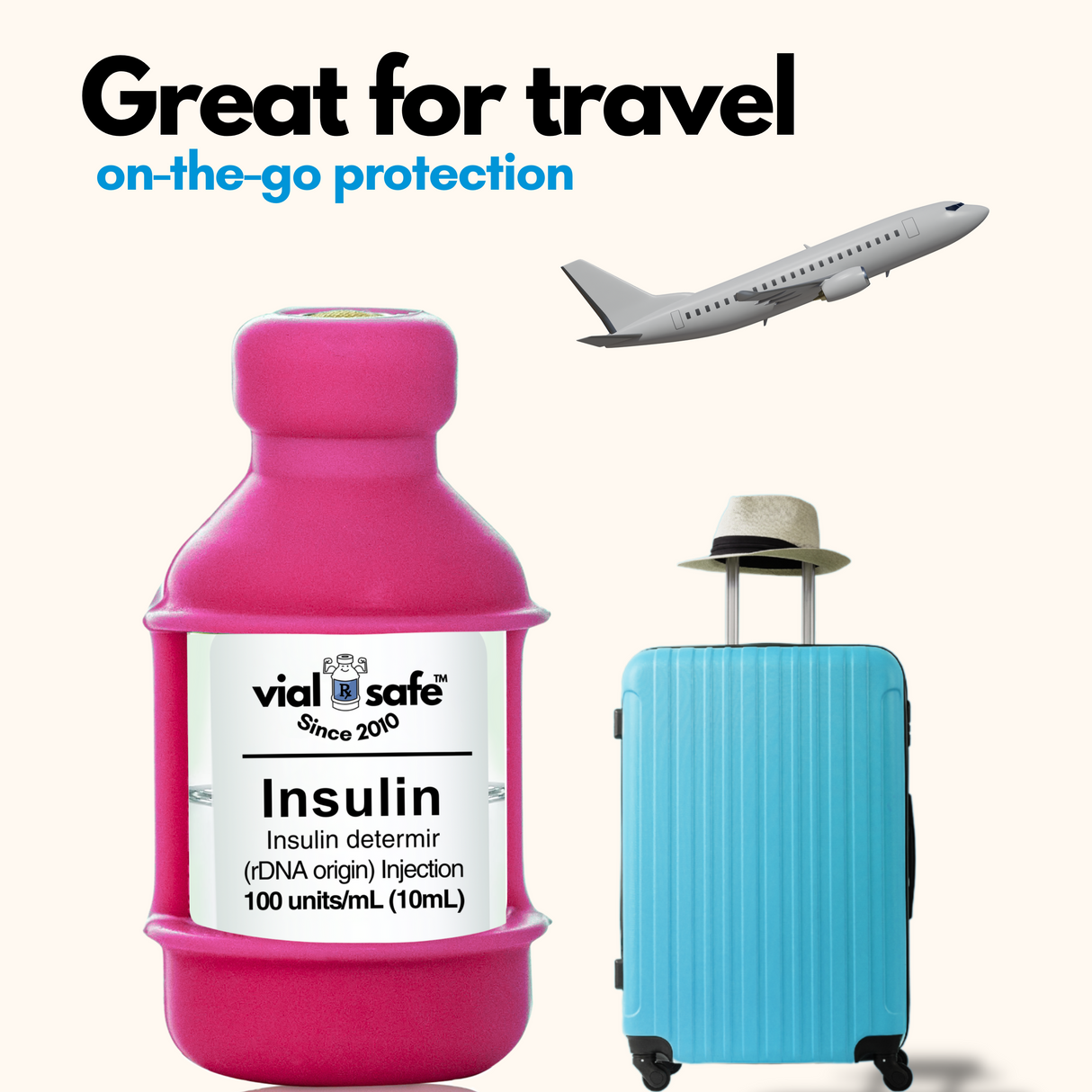 Raspberry Sorbet color Vial Safe insulin vial protector, Pink suitcase, and airplane with 'vial safe' branding on a white background.