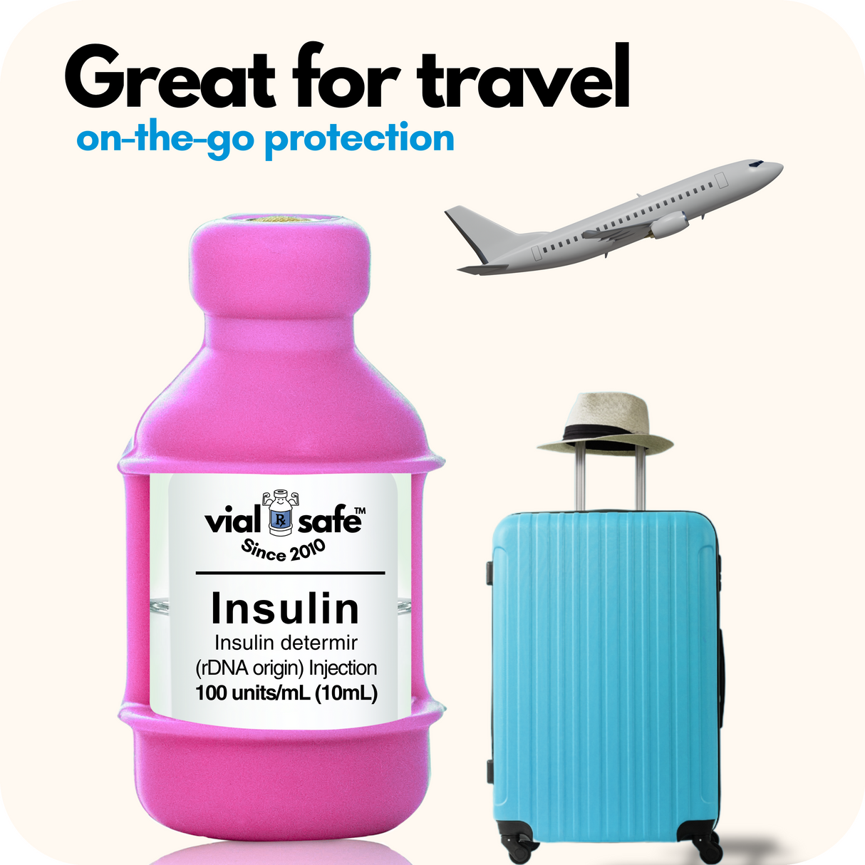 Pink Vial Safe insulin vial protector, Pink suitcase, and airplane with 'vial safe' branding on a white background.