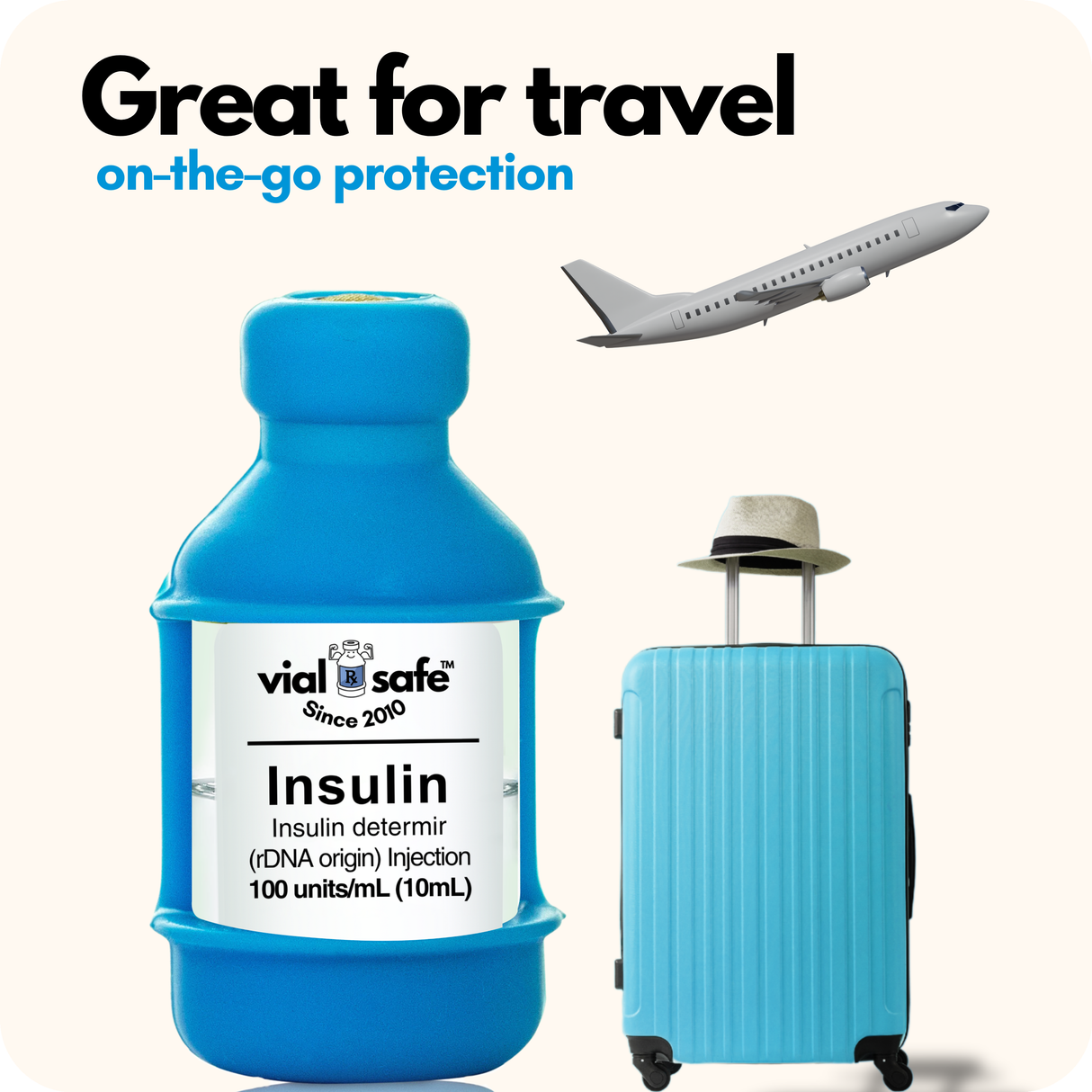 Light blue color Vial Safe insulin vial protector, blue suitcase, and airplane with 'vial safe' branding on a white background.