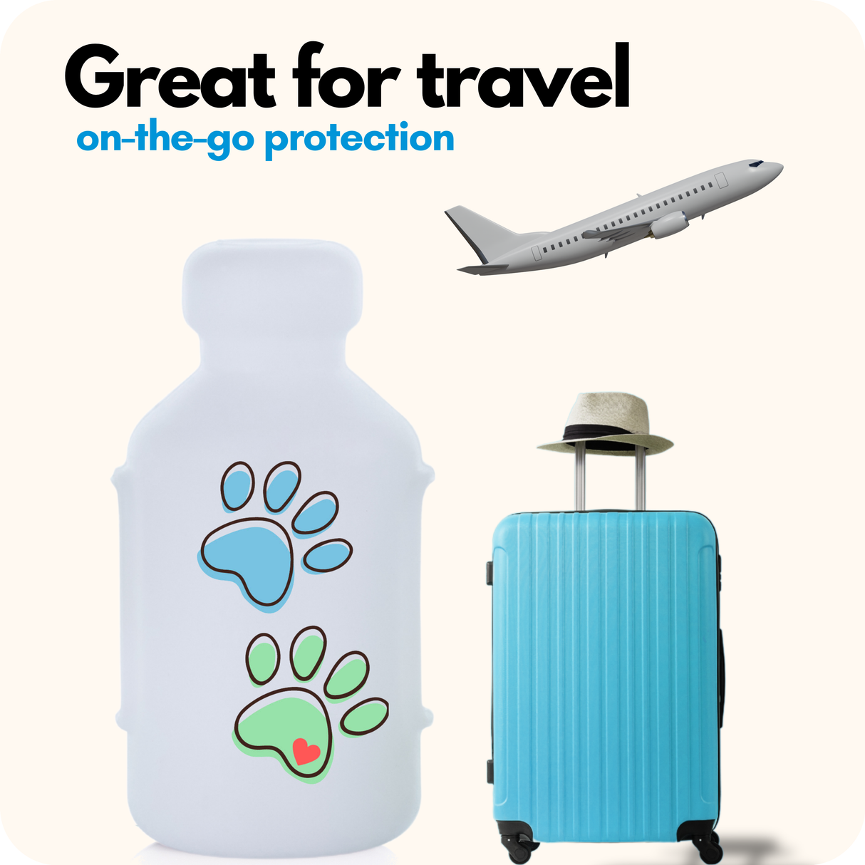 Paw Print style Vial Safe insulin vial protector, blue suitcase, and airplane with 'vial safe' branding on a white background.