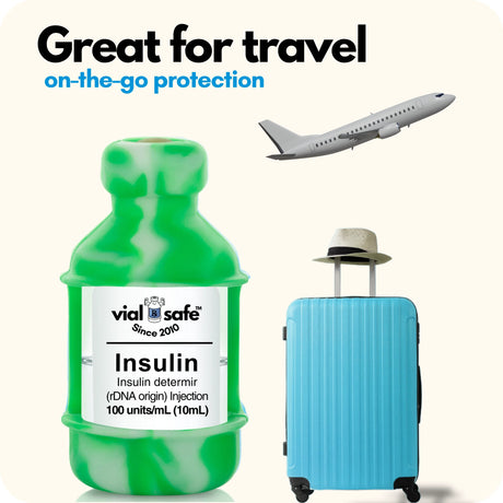 Tie Dye Green Vial Safe insulin vial protector, blue suitcase, and airplane highlighting that Vial Safe is great for travel