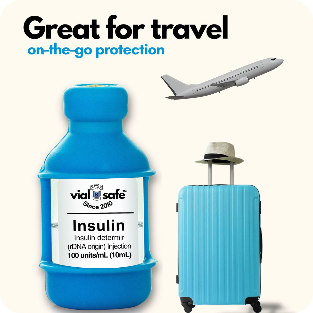 Light Blue Vial Safe insulin vial protector, blue suitcase, and airplane with 'vial safe' branding on a white background.