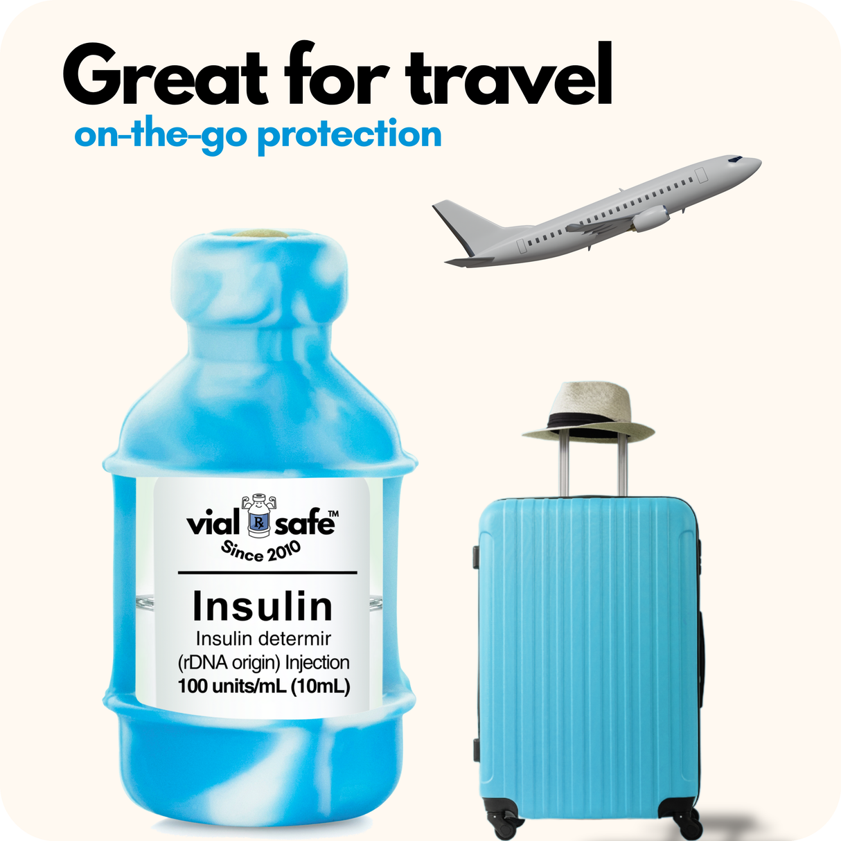 Tie dye blue Vial Safe insulin vial protector, Pink suitcase, and airplane with 'vial safe' branding on a white background.