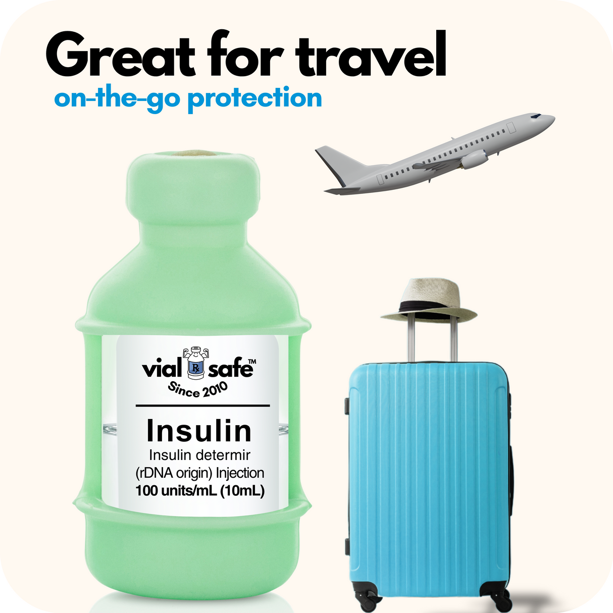 Mojito Green color Vial Safe insulin vial protector, Pink suitcase, and airplane with 'vial safe' branding on a white background.