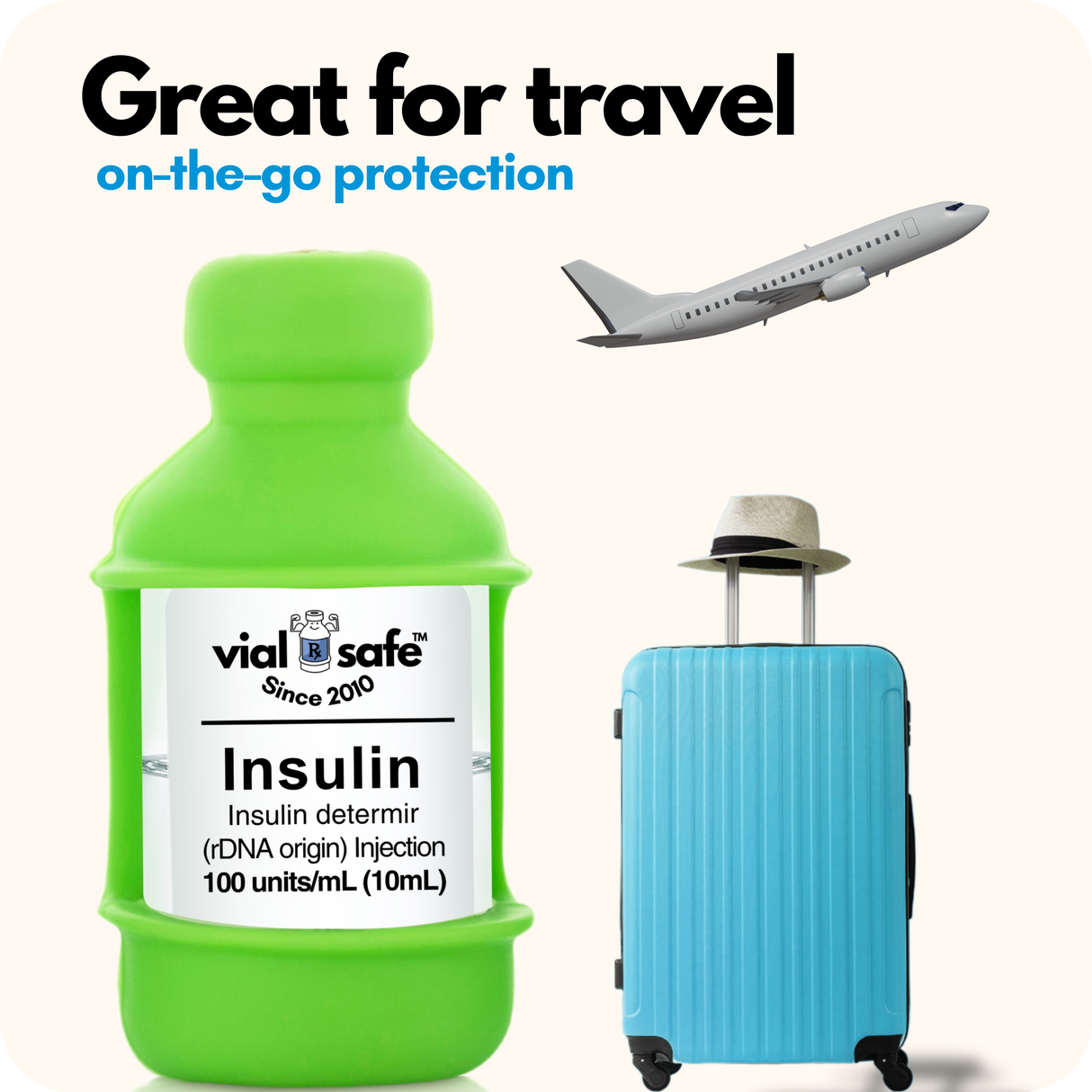 Light green color Vial Safe insulin vial protector, blue suitcase, and airplane with 'vial safe' branding on a white background.
