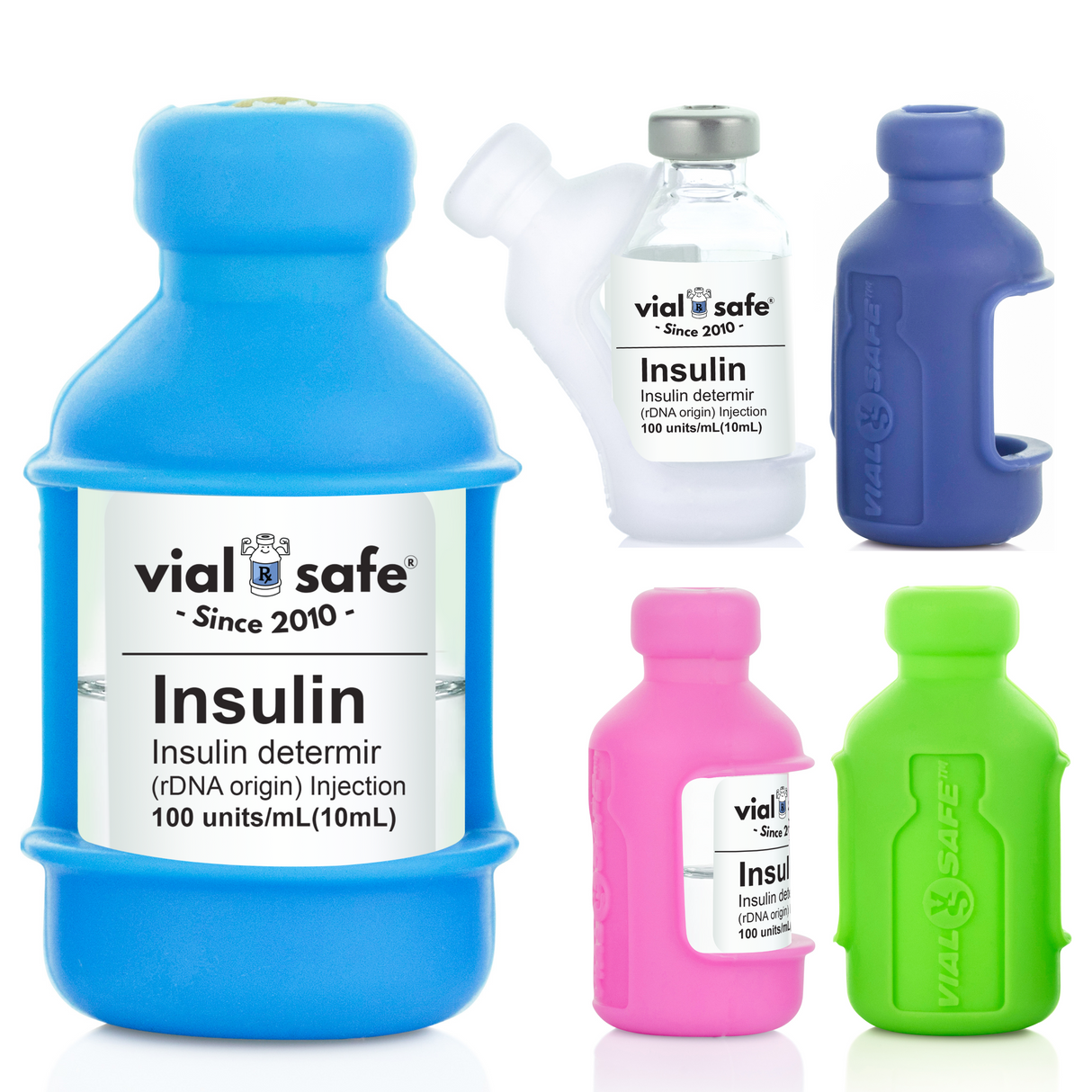 A collection of Vial Safe solid color insulin vial protector cases in various colors including Clear, Pink, Light Blue, Navy Blue, and Pink, designed to fit most 10mL insulin vials.