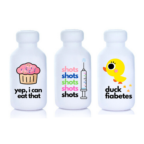 The DIA-BADASS  collection of Vial Safe insulin vial protector cases.  Shows 3 patters: "Yep I Can Eat That", "Shots Shots Shots!" and "Duck Fiabetes"