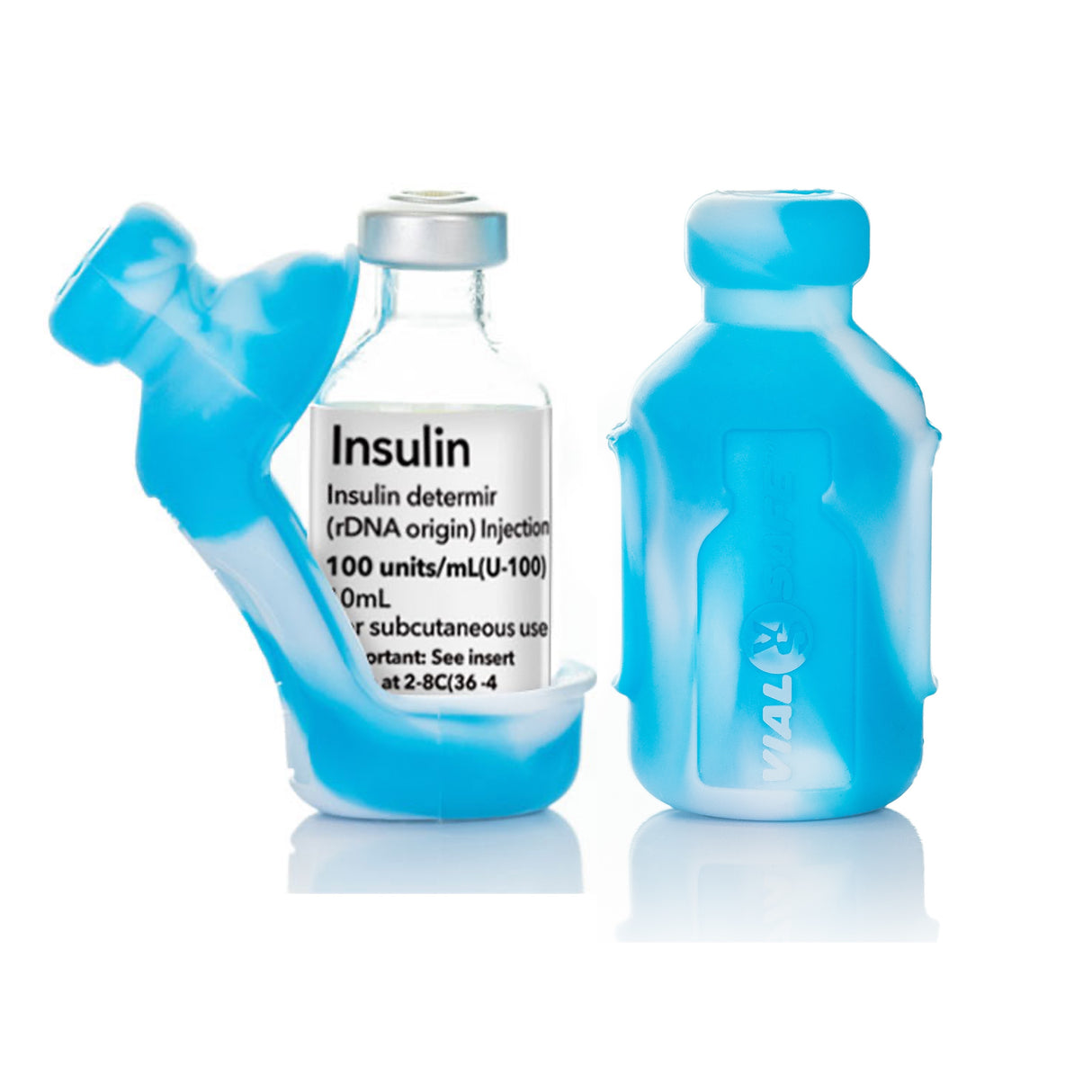 Tie Dye Blue color style Vial Safe insulin vial protector case. Shows a 2-pack of Tie Dye Blue colored Vial Safe insulin vial protector cases.
