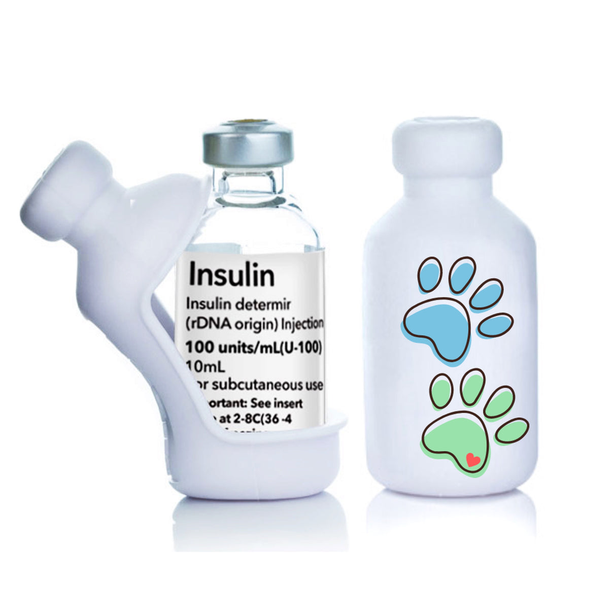 Paw Print style Vial Safe insulin vial protector case. Shows a 2-pack of Paw Print style Vial Safe insulin vial protector cases.