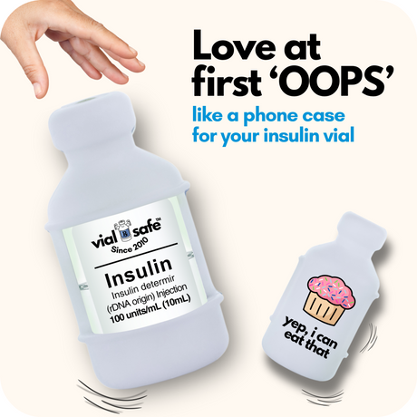 "Yep I Can Eat That" Vial Safe insulin vial protector case with text 'Love at first 'OOPS' like a phone case for your insulin vial' on a white background.