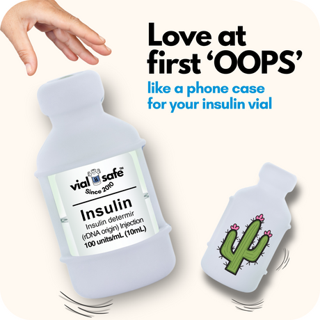 Cactus style Vial Safe insulin vial protector case with text 'Love at first 'OOPS' like a phone case for your insulin vial' on a white background.