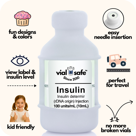 White  Vial Safe insulin vial protector with 'vial safe' label and Vial Safe selling features on white background.