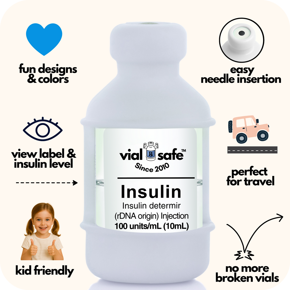 White Vial Safe insulin vial protector with 'vial safe' label and Vial Safe selling features on white background.