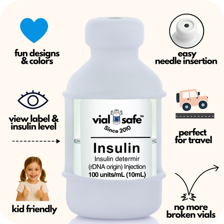White Vial Safe insulin vial protector with 'vial safe' label and Vial Safe selling features on white background.