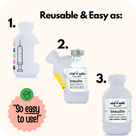 Three insulin vials with Vial Safe insulin vial protectors background, featuring the text 'Reusable & Easy as 1,2,3' and 'vial safe' branding.