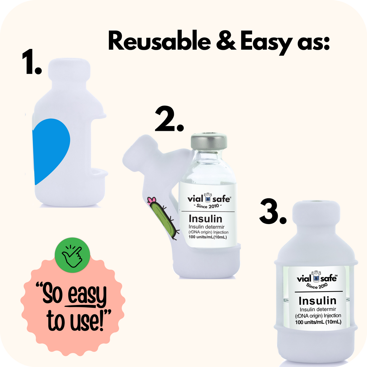 Three insulin vials with Vial Safe insulin vial protectors background, featuring the text 'Reusable & Easy as 1,2,3' and 'vial safe' branding.