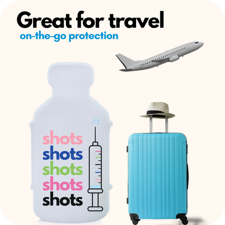 "Shots Shots Shots!"  Vial Safe insulin vial protector, blue suitcase, and airplane with 'vial safe' branding on a white background.