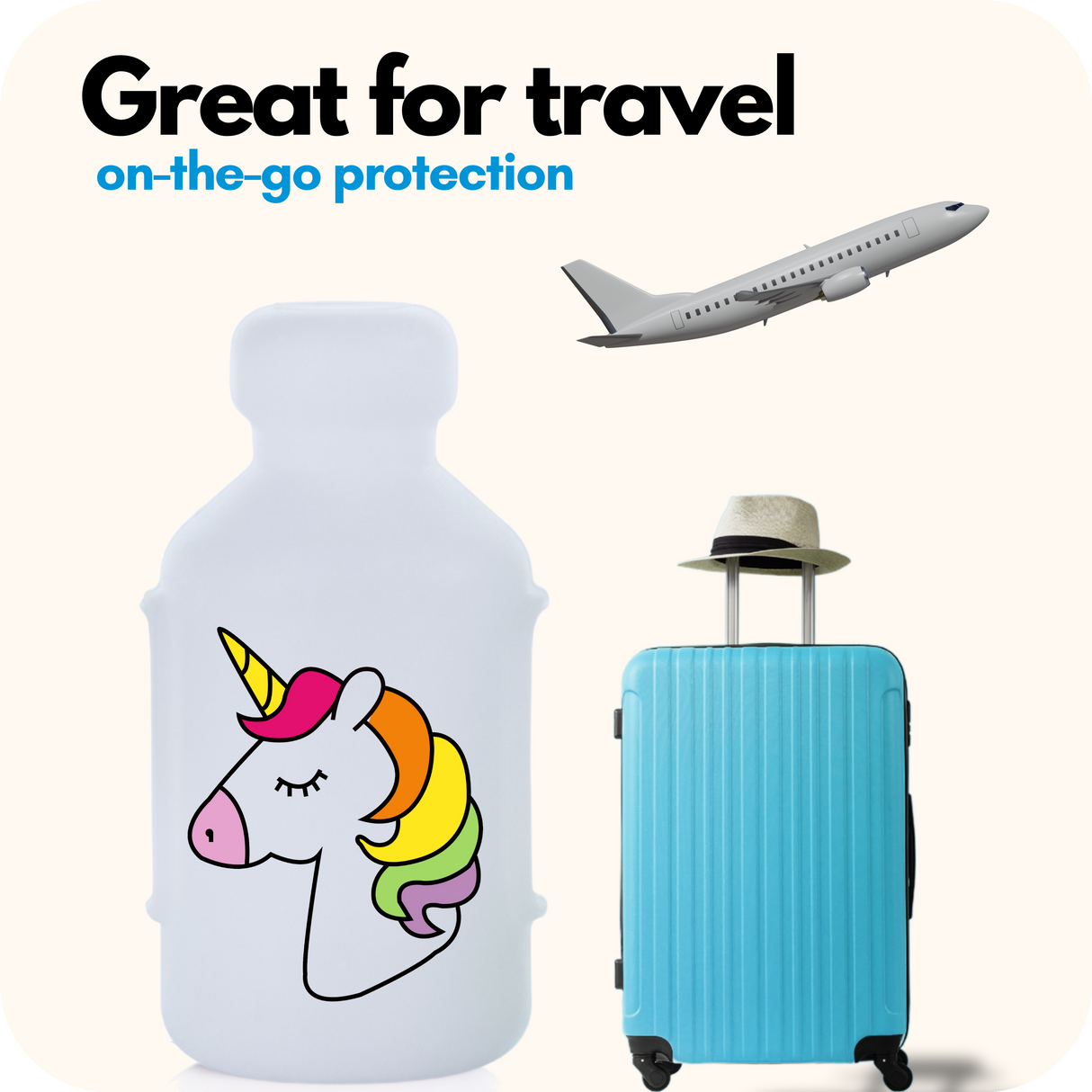 Unicorn Vial Safe insulin vial protector, blue suitcase, and airplane with 'vial safe' branding on a white background.