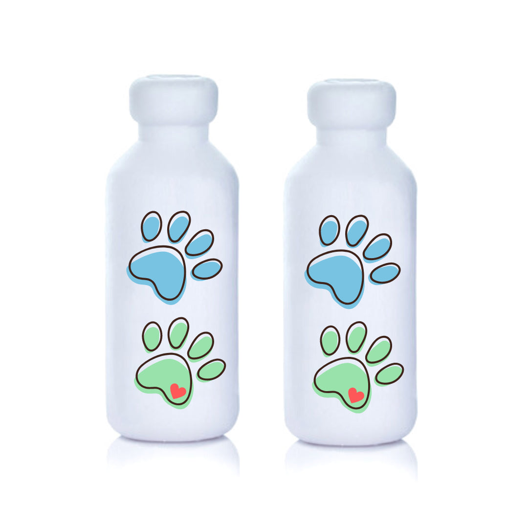 Paw print style Vial Safe insulin vial protector case. Shows a 2-pack of Tie Dye blue colored Vial Safe insulin vial protector cases for 10mL vials of Lantus, Apidra or Admelog.