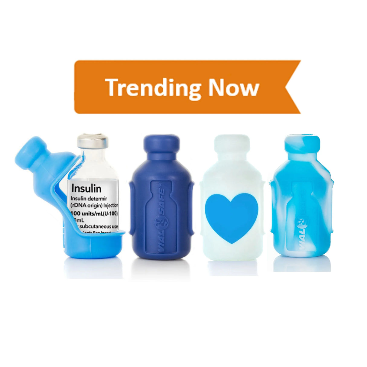 A collection of Vial Safe insulin vial protector cases in various colors representing and honoring Diabetes Awareness