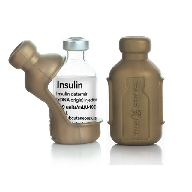 Gold color style Vial Safe insulin vial protector case. Shows a 2-pack of Gold colored Vial Safe insulin vial protector cases.
