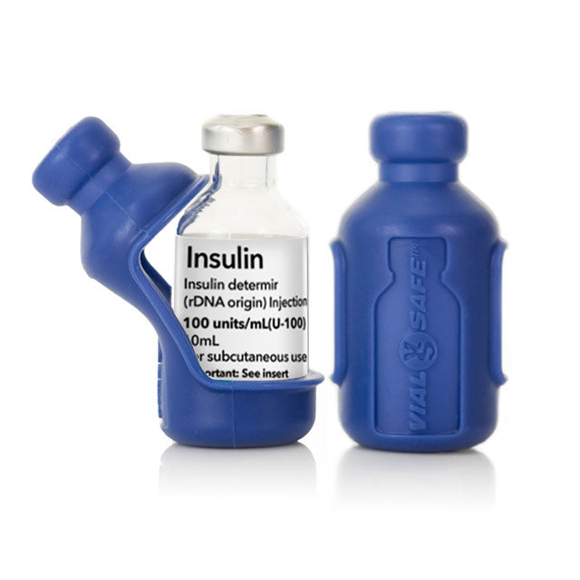 Navy blue color style Vial Safe insulin vial protector case. Shows a 2-pack of Navy blue colored Vial Safe insulin vial protector cases.