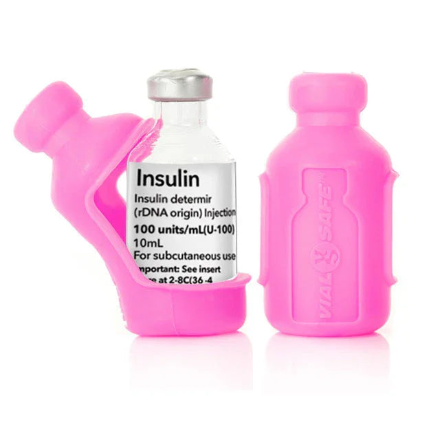 Pink color style Vial Safe insulin vial protector case. Shows a 2-pack of pink colored Vial Safe insulin vial protector cases.
