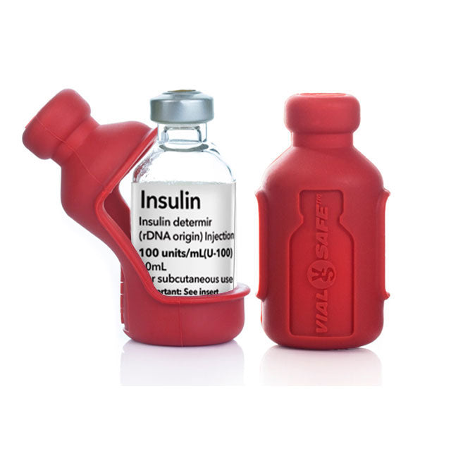 Red color style Vial Safe insulin vial protector case. Shows a 2-pack of Red colored Vial Safe insulin vial protector cases.