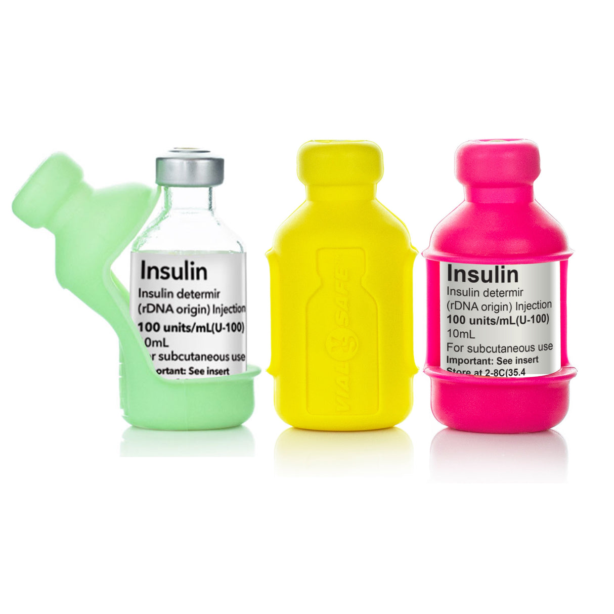 The Summer collection of Vial Safe insulin vial protector cases. Shows 3 colors: "Mojito Green", "Sunshine Yellow" and "Raspberry Sorbet"