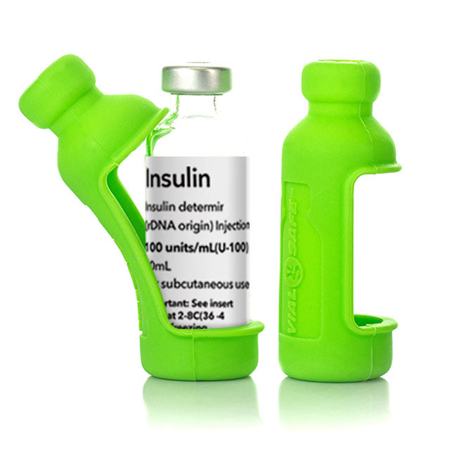 Light Green color Vial Safe insulin vial protector case. Shows a 2-pack of Light Green colored Vial Safe insulin vial protector cases for 10mL vials of Lantus, Apidra or Admelog.