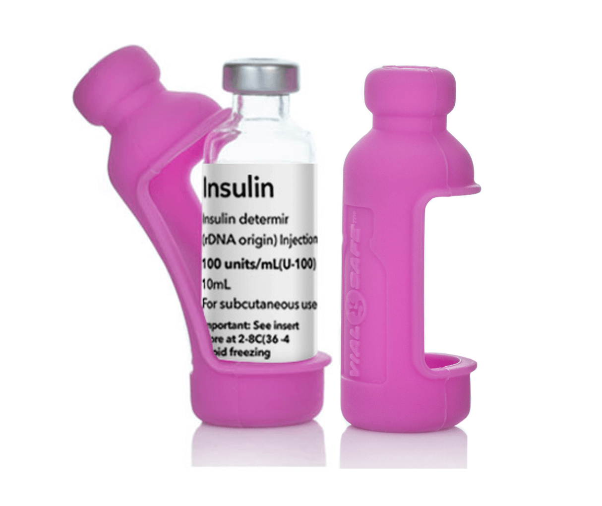 Pink color Vial Safe insulin vial protector case. Shows a 2-pack of Pink colored Vial Safe insulin vial protector cases for 10mL vials of Lantus, Apidra or Admelog.