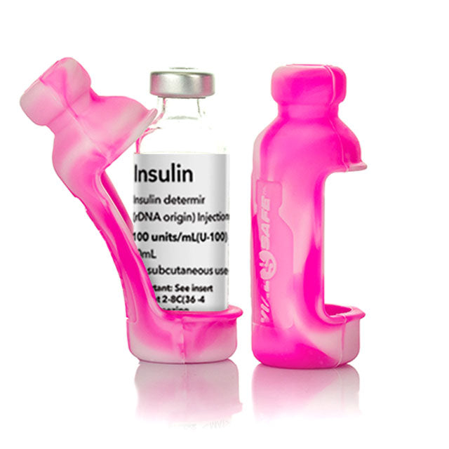 Tie Dye pink color Vial Safe insulin vial protector case. Shows a 2-pack of Tie Dye pink colored Vial Safe insulin vial protector cases for 10mL vials of Lantus, Apidra or Admelog.