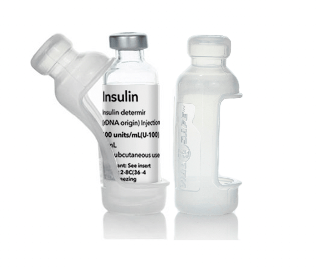 Original clear color style Vial Safe insulin vial protector case. Shows a 2-pack of clear colored Vial Safe insulin vial protector cases for 10mL vials of Lantus, Apidra or Admelog.