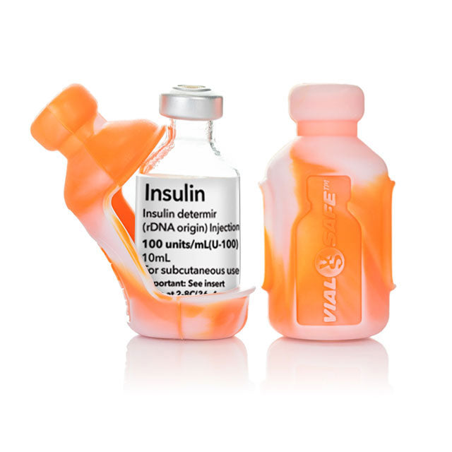 Tie Dye Orange color style Vial Safe insulin vial protector case. Shows a 2-pack of Tie Dye Orange colored Vial Safe insulin vial protector cases.