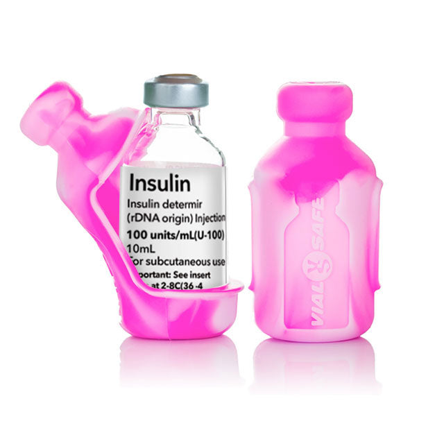 Tie Dye Pink color style Vial Safe insulin vial protector case. Shows a 2-pack of Tie Dye Pink colored Vial Safe insulin vial protector cases.