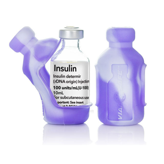 Tie Dye Purple color style Vial Safe insulin vial protector case. Shows a 2-pack of Tie Dye Purple colored Vial Safe insulin vial protector cases.