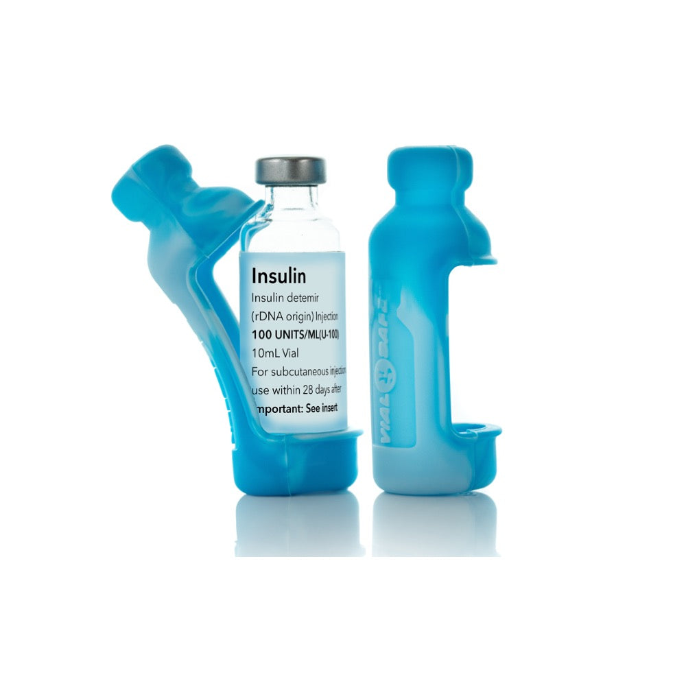 Tie dye blue color Vial Safe insulin vial protector case. Shows a 2-pack of Tie Dye Blue colored Vial Safe insulin vial protector cases for 10mL vials of Lantus, Apidra or Admelog.