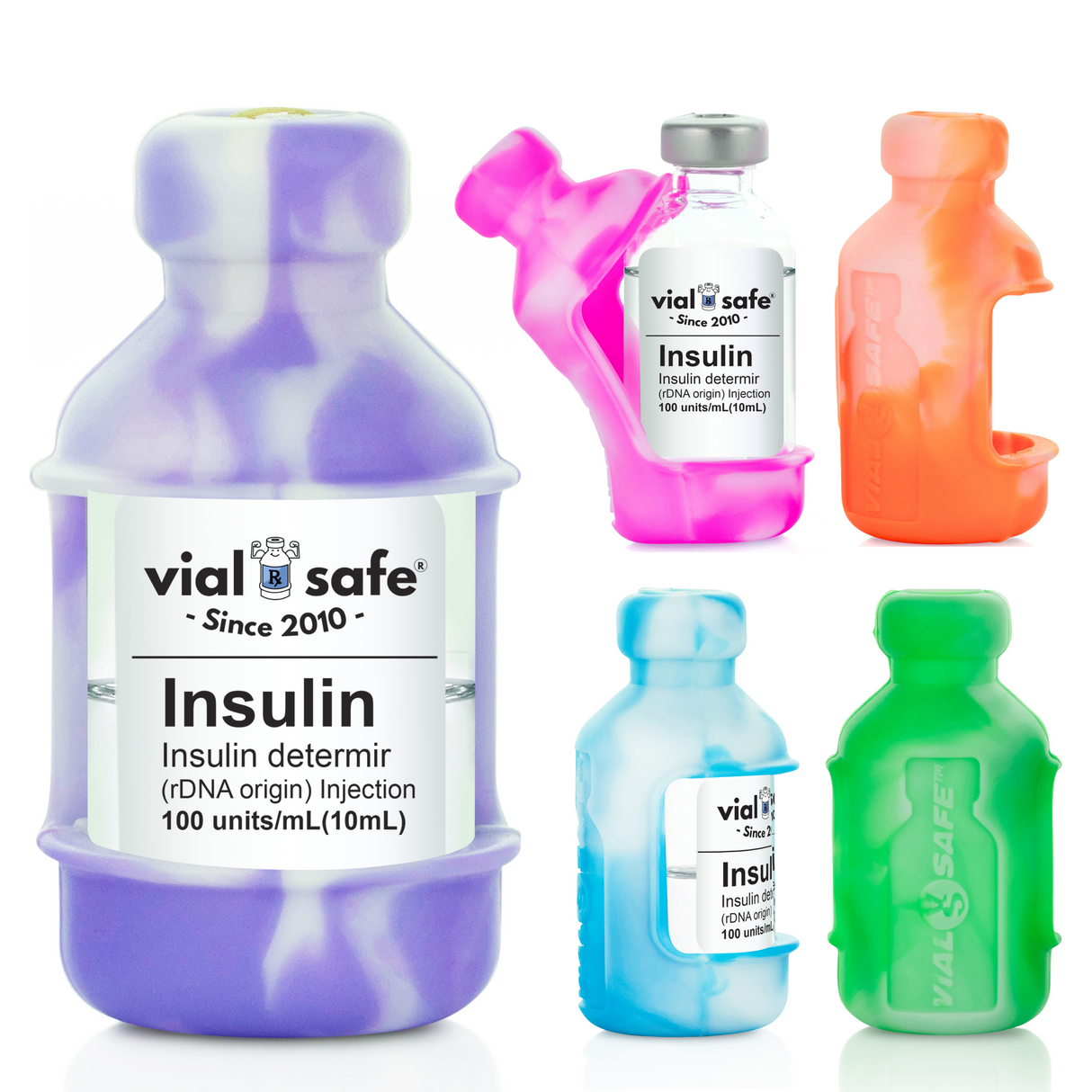 A collection of Vial Safe Tie Dye insulin vial protector cases in various colors including green, pink, purple, blue, and orange, designed to fit most 10mL insulin vials.
